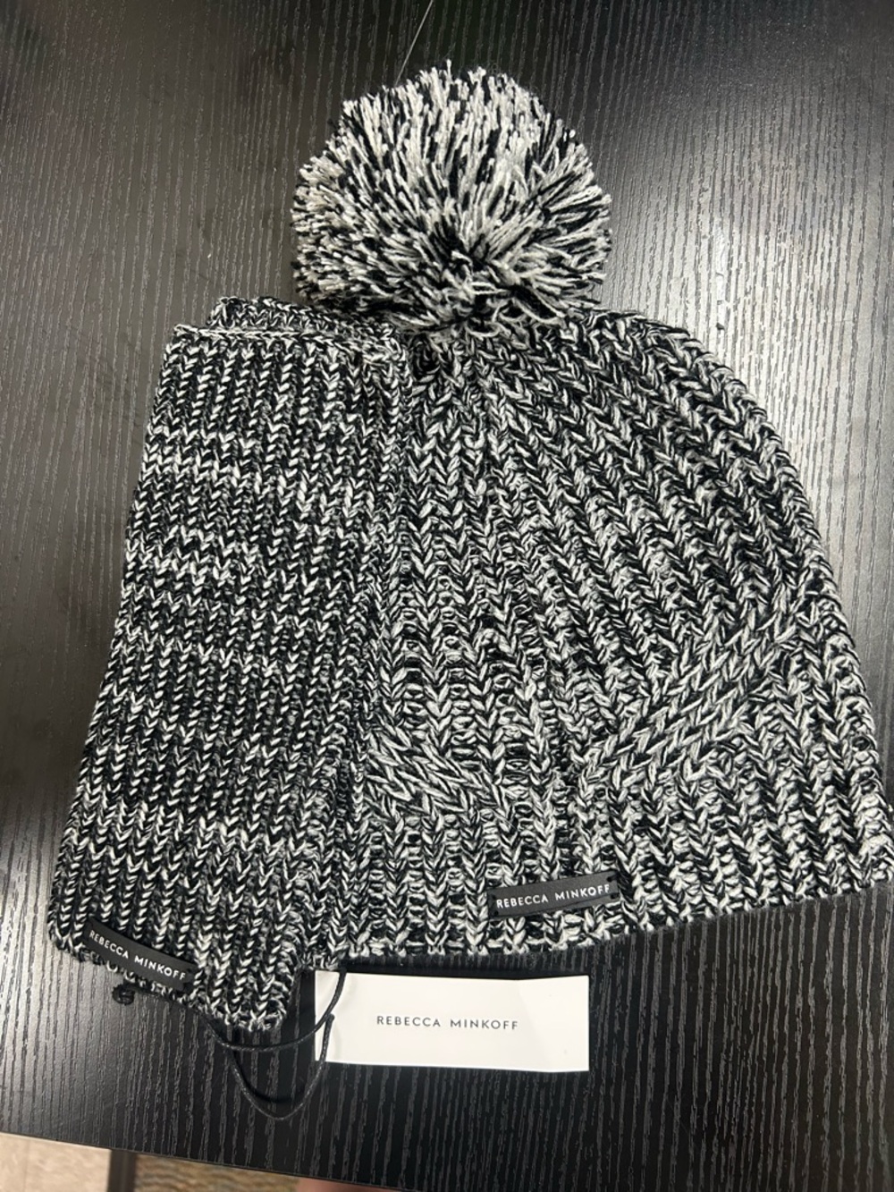 Rebecca Minkoff Black & White Marled Pom Beanie with Matching Arm Warmers